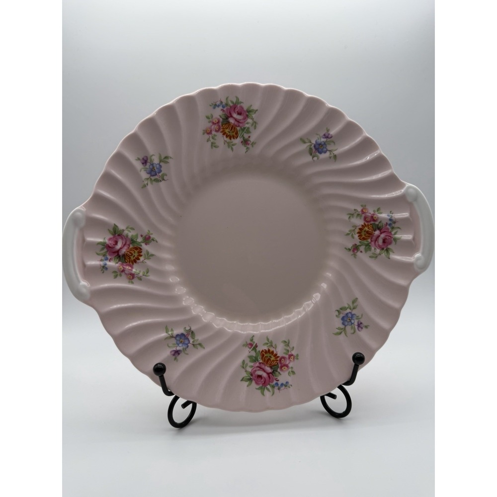 Rare Minton Rosetta Bone China  Pink Fluted Handled Cake Plate 9 1/2"
